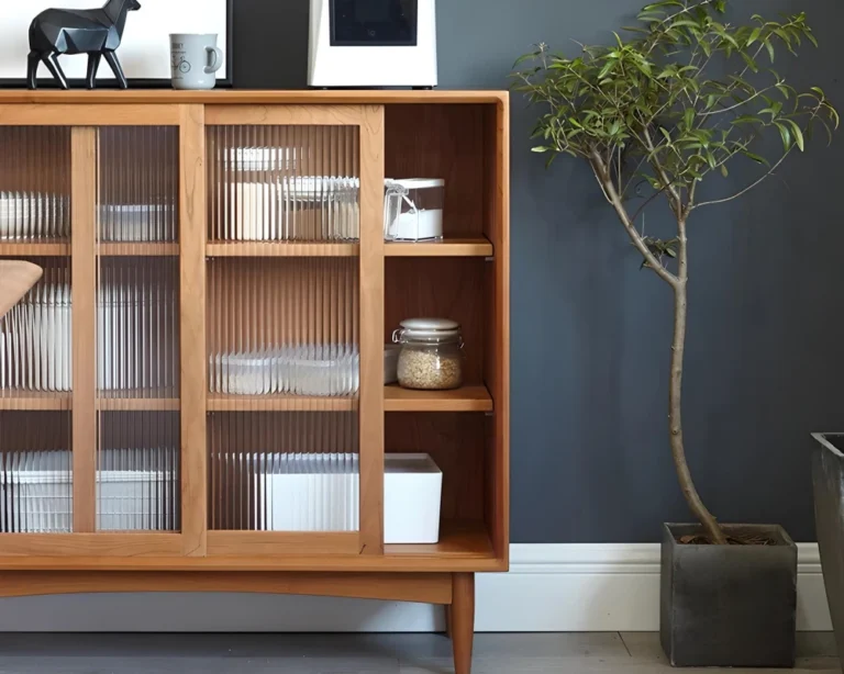 wooden sideboard with glass doors